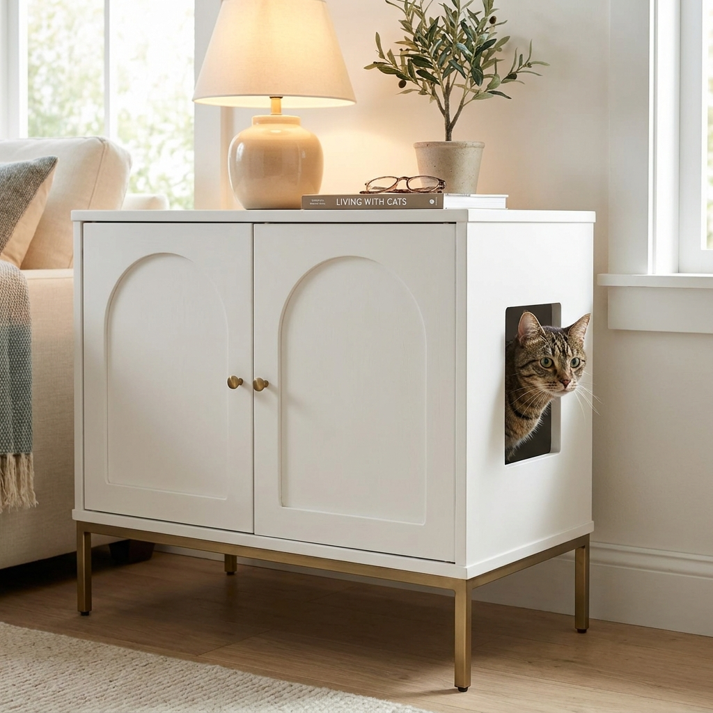 Close view of the cabinet top styled as a real side table with a lit lamp, potted olive tree and a book, cat emerging from the side entrance below