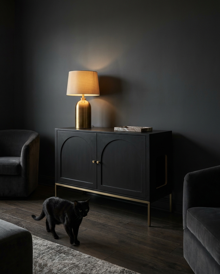 Matte black litter box cabinet with brass legs in a modern dark toned living room with a warm brass lamp on top