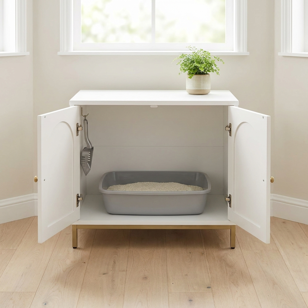 Cabinet with both arched front doors open showing the litter box inside and easy access for daily scooping