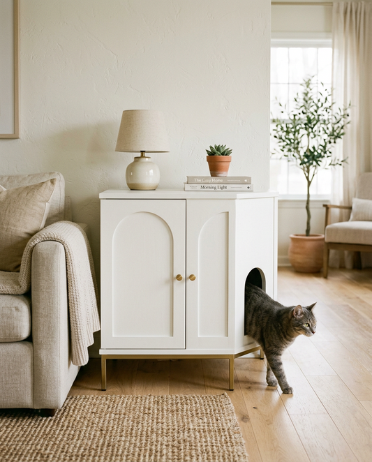 White litter box enclosure cabinet in a bright living room with a lamp and books on top, a tabby cat stepping out of the side opening