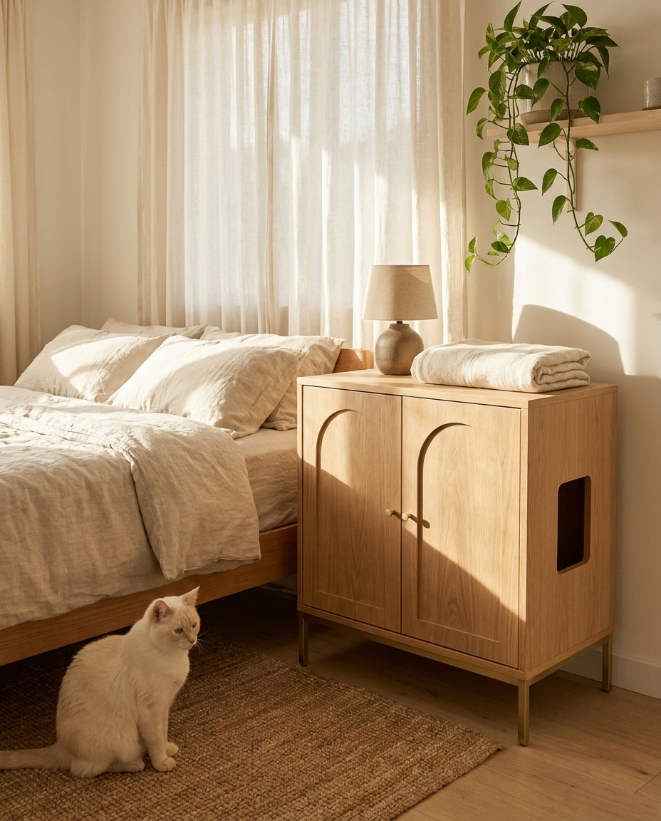 Natural oak finish litter box cabinet beside a low bed in a warm minimal Japandi bedroom