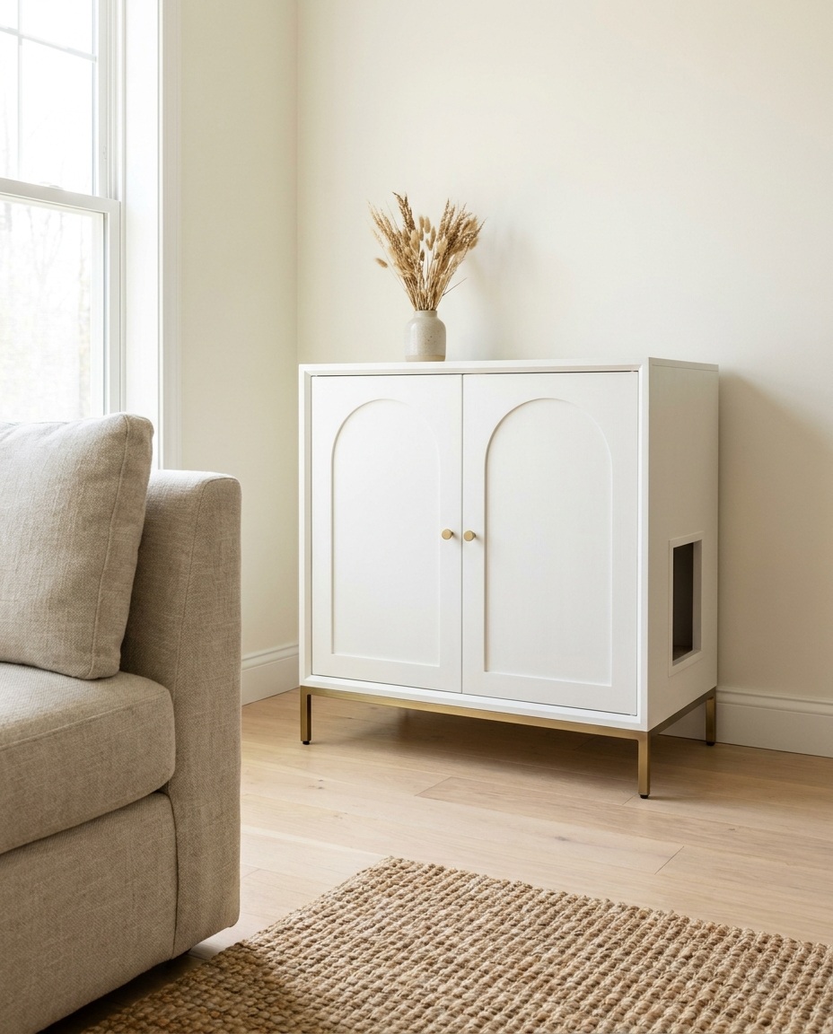 The cabinet in a living room corner with a clean floor, no litter tracking and no visible litter box