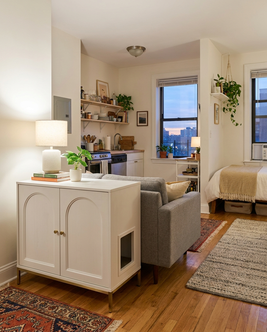 The cabinet used as a side table at the end of a sofa in a small studio apartment, showing its compact footprint